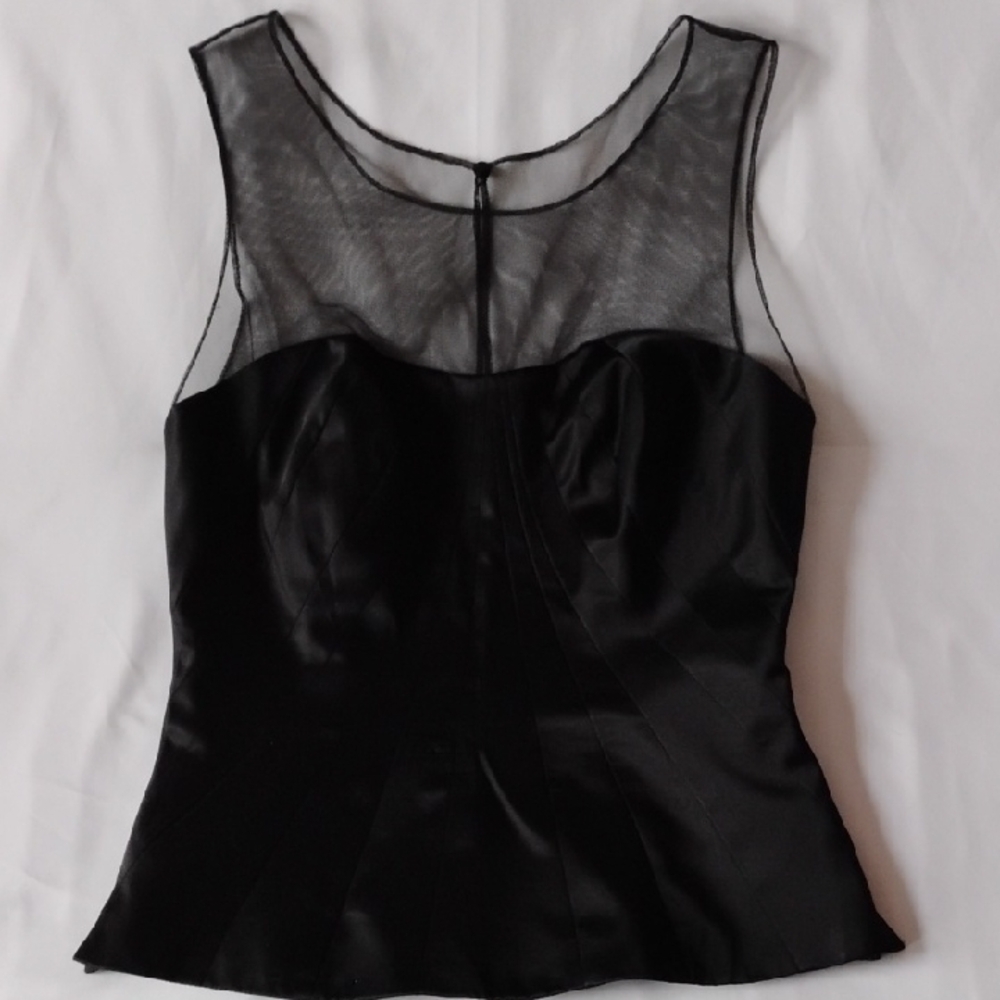 White House Black Market Black Satin Mesh Blouse
